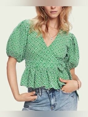 Scotch & Soda Green Puff-Sleeve Wrap Blouse